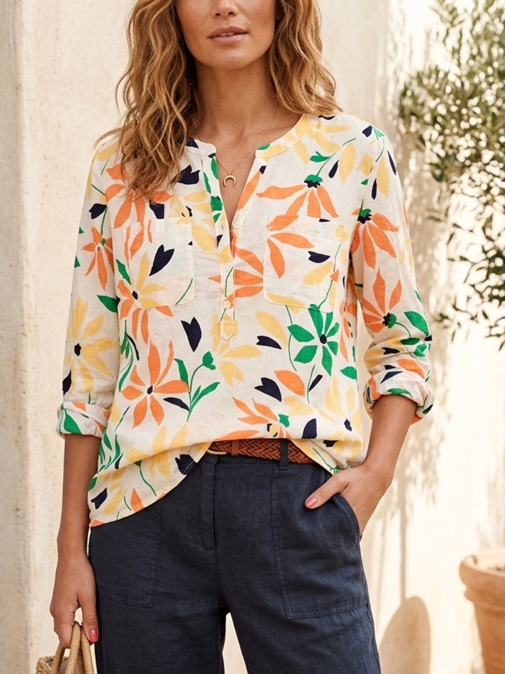 Liz Claiborne Floral Print Split V-Neck Henley Blouse Long Sleeve Orange Green❤️